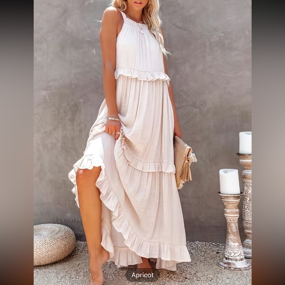 #138 Tiered Ankle Tank Dress, Vocation Backless Halter Neck Dress with Pockets - Picture 3 of 16